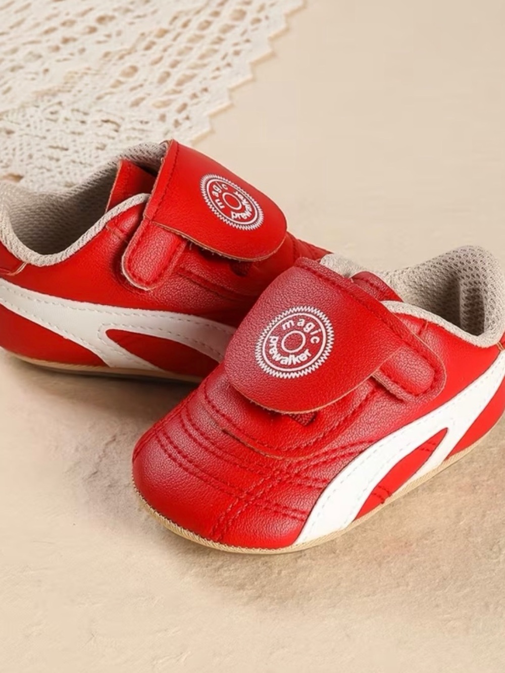 Red Baby Infant Kids Velcro Pre-Walking Soft Tennis Shoes with Grips on Bottom